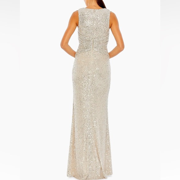 Mac Duggal Silver Sequin V Neck Wrap Gown Nude Formal Evening Dress 10 NWT - Picture 8 of 12